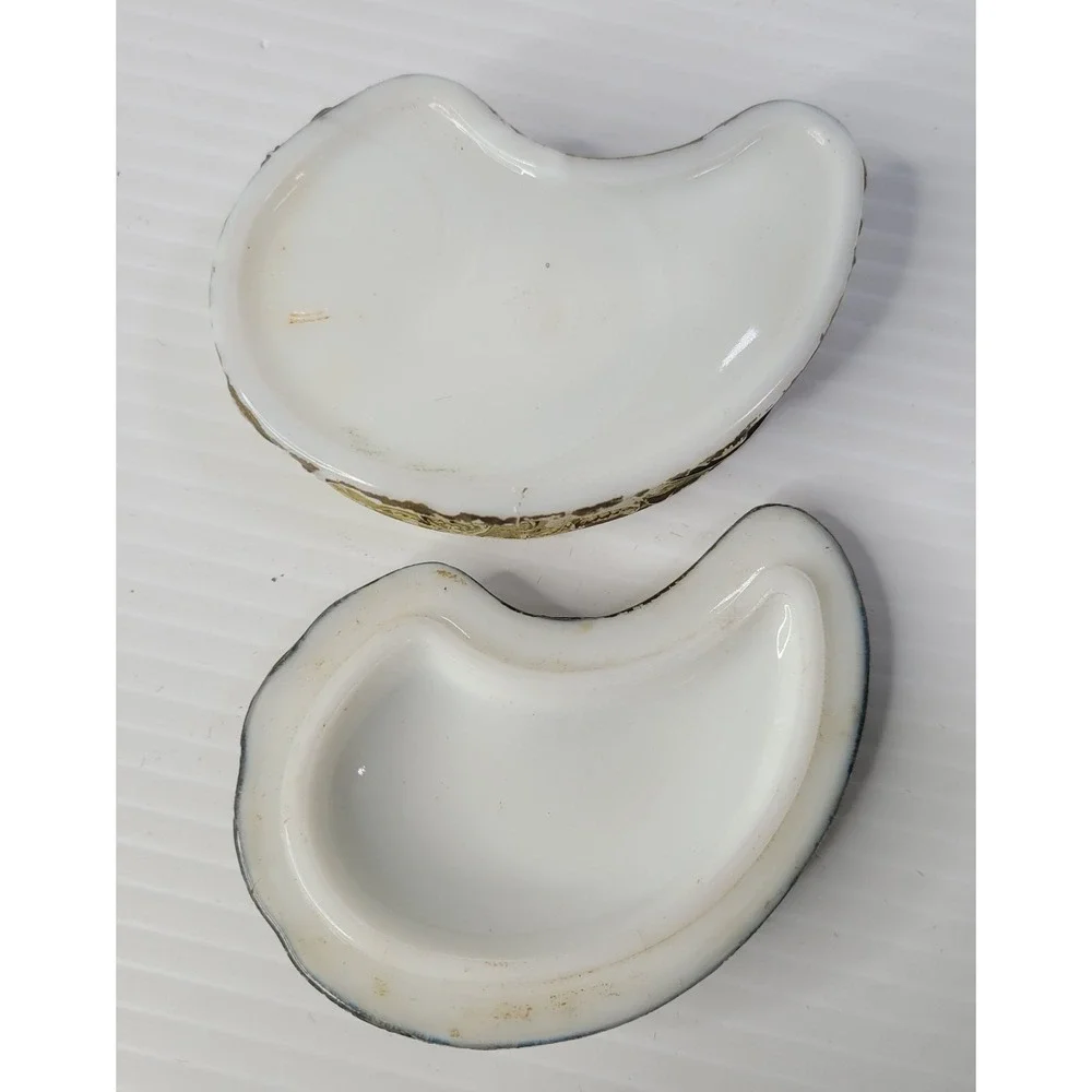 Antique Milk Glass Hand Painted Paisley Shaped Trinket Box w/ Lid RARE